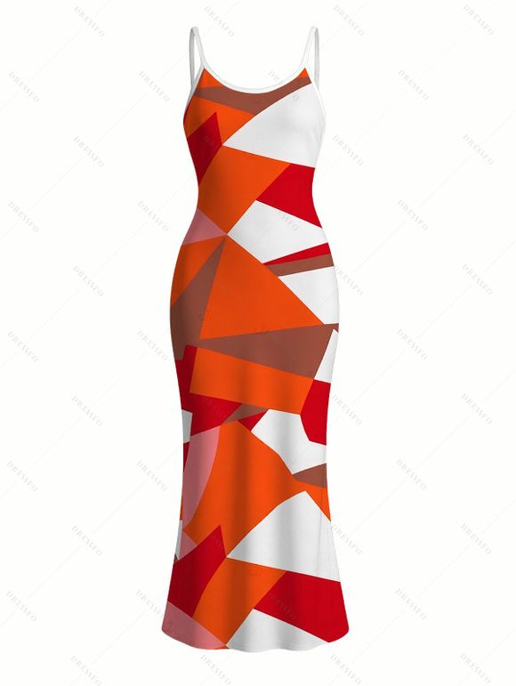 Vacation Couple Outfit Vintage Colorblock Geometric Print Spaghetti Strap Bodycon Dress and Shirt Set - Orange vif S | US 4