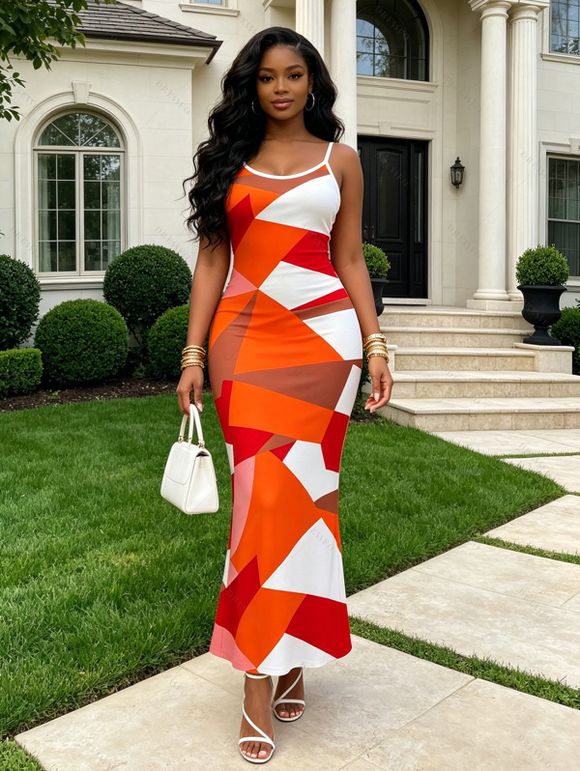 Vacation Couple Outfit Vintage Colorblock Geometric Print Spaghetti Strap Bodycon Dress and Shirt Set - Orange vif S | US 4