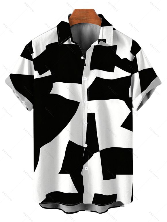 Casual Couple Outfit Monochrome Irregular Geometric Print Button Up Pocket Curved Hem Shirt Dress and Shirt Set - Noir S | US 4