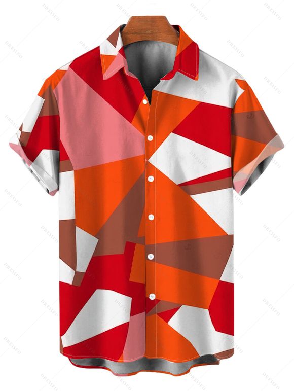 Vacation Couple Outfit Vintage Colorblock Geometric Print Spaghetti Strap Bodycon Dress and Shirt Set - Orange vif S | US 4