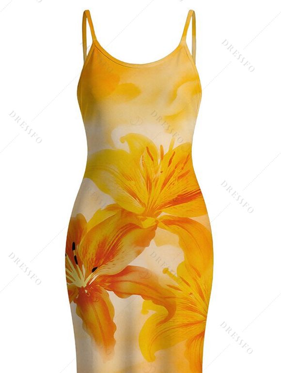 Hawaiian Vacation Dress Tie Dye Lily Floral Print Spaghetti Strap Bodycon Dress - Jaune XXL | US 14