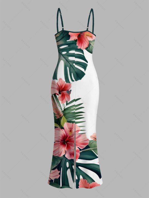 Hawaiian Vacation Dress Tropical Hibiscus Floral Monstera Leaf Print Spaghetti Strap Bodycon Dress - PLANT GREEN XXL | US 14