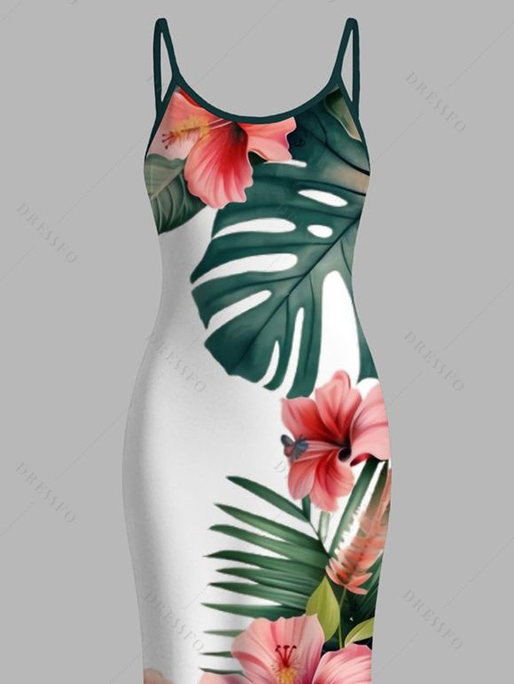 Hawaiian Vacation Dress Tropical Hibiscus Floral Monstera Leaf Print Spaghetti Strap Bodycon Dress - PLANT GREEN XXL | US 14