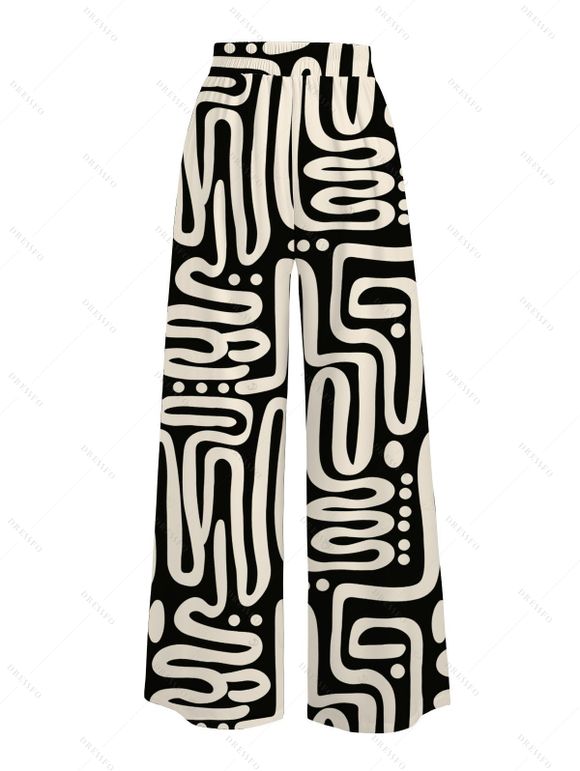 Casual Pants Abstract Geometric Print Tied Pocket Wide Leg Pants - Noir XXXXXL | US 20