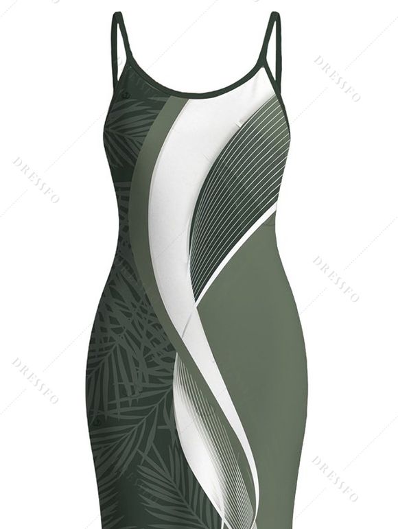 Hawaiian Vacation Dress Palm Leaf Abstract Curve Line Print Spaghetti Strap Bodycon Dress - PLANT GREEN XXL | US 14