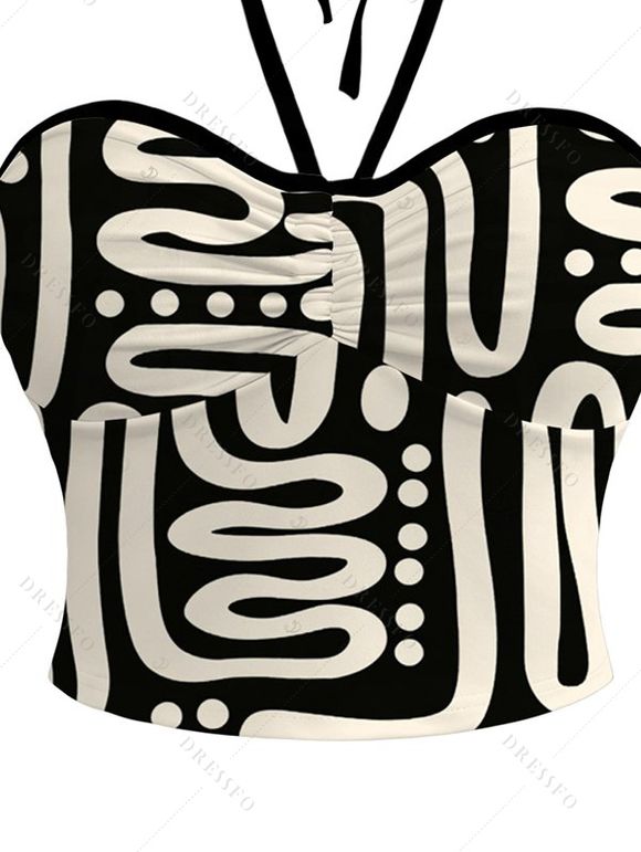 Casual Cropped Tank Top Abstract Geometric Print Cinched Halter Tank Top - Noir XXXXXL | US 20