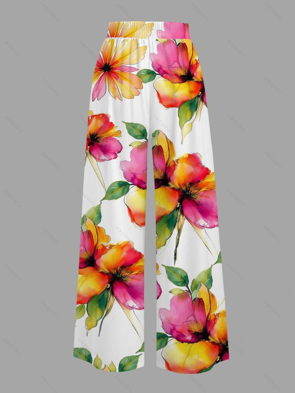 Vacation Pants Watercolor Floral Print Tied Pocket Wide Leg Pants - multicolor XXXXXL | US 20