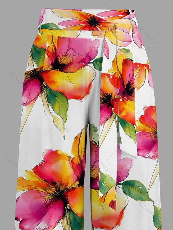 Vacation Pants Watercolor Floral Print Tied Pocket Wide Leg Pants - multicolor XXXXXL | US 20