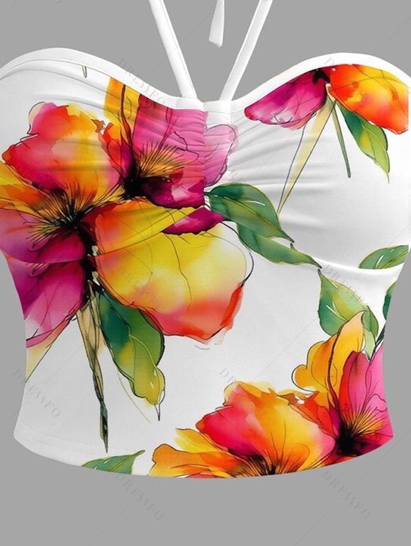 Vacation Cropped Tank Top Watercolor Floral Print Cinched Halter Tank Top - multicolor XXXXXL | US 20
