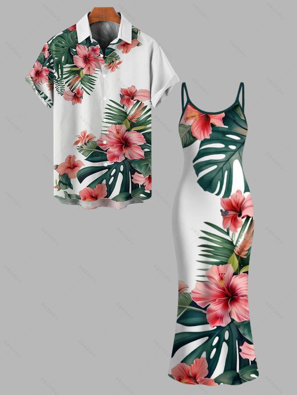 Hawaiian Vacation Couple Outfit Tropical Hibiscus Floral Monstera Leaf Print Spaghetti Strap Bodycon Dress and Shirt Set - PLANT GREEN S | US 4