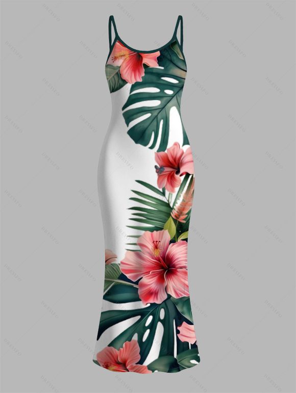 Hawaiian Vacation Couple Outfit Tropical Hibiscus Floral Monstera Leaf Print Spaghetti Strap Bodycon Dress and Shirt Set - PLANT GREEN S | US 4