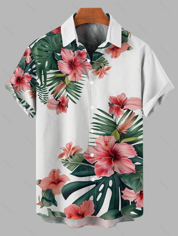 Hawaiian Vacation Couple Outfit Tropical Hibiscus Floral Monstera Leaf Print Spaghetti Strap Bodycon Dress and Shirt Set - PLANT GREEN S | US 4