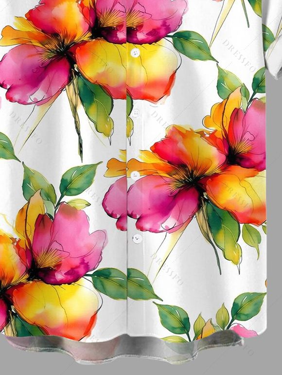 Men's Vacation Shirt Watercolor Floral Print Button Up Shirt - multicolor 5XL