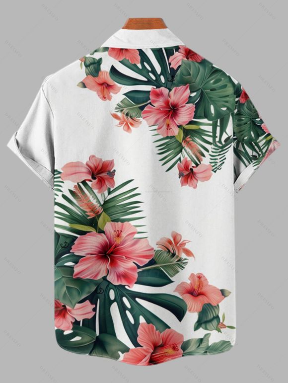 Hawaiian Vacation Couple Outfit Tropical Hibiscus Floral Monstera Leaf Print Spaghetti Strap Bodycon Dress and Shirt Set - PLANT GREEN S | US 4