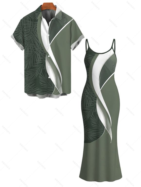 Hawaiian Vacation Couple Outfit Palm Leaf Abstract Curve Line Print Spaghetti Strap Bodycon Dress and Shirt Set - Vert Armée S | US 4