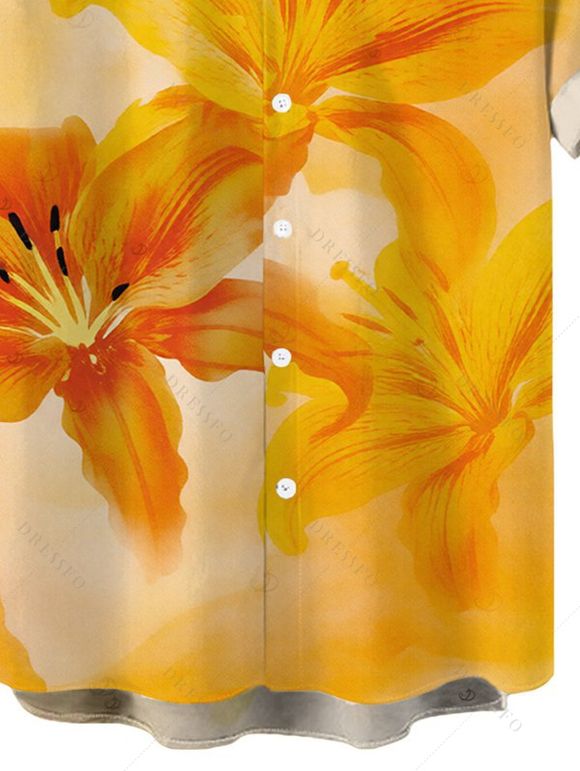 Men's Hawaiian Vacation Shirt Tie Dye Lily Floral Print Button Up Shirt - Jaune 5XL