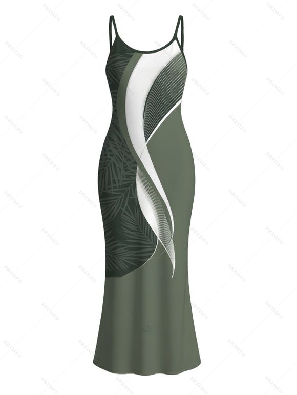 Hawaiian Vacation Couple Outfit Palm Leaf Abstract Curve Line Print Spaghetti Strap Bodycon Dress and Shirt Set - Vert Armée S | US 4