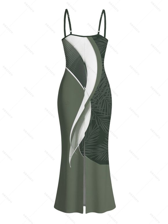 Hawaiian Vacation Couple Outfit Palm Leaf Abstract Curve Line Print Spaghetti Strap Bodycon Dress and Shirt Set - Vert Armée S | US 4