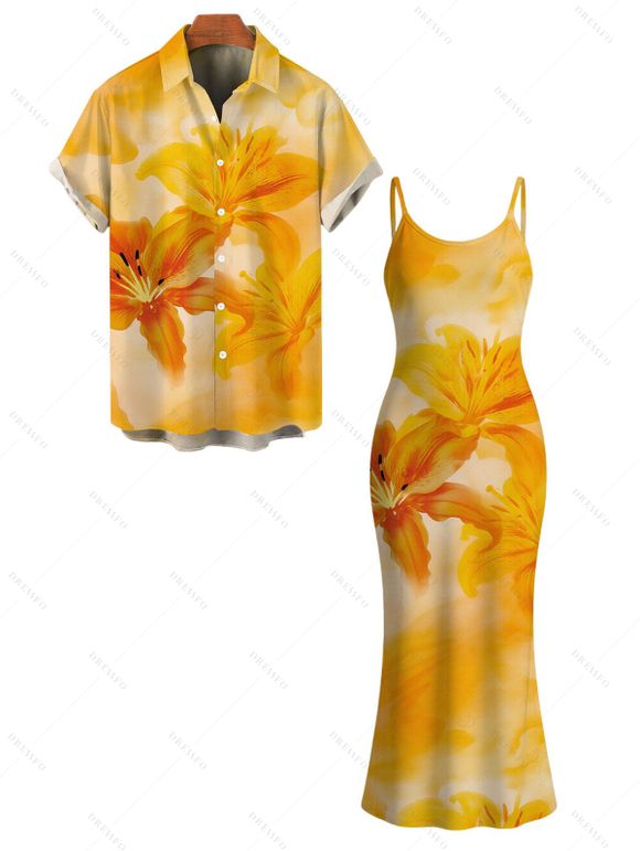 Hawaiian Vacation Couple Outfit Tie Dye Lily Floral Print Spaghetti Strap Bodycon Dress and Shirt Set - Jaune S | US 4