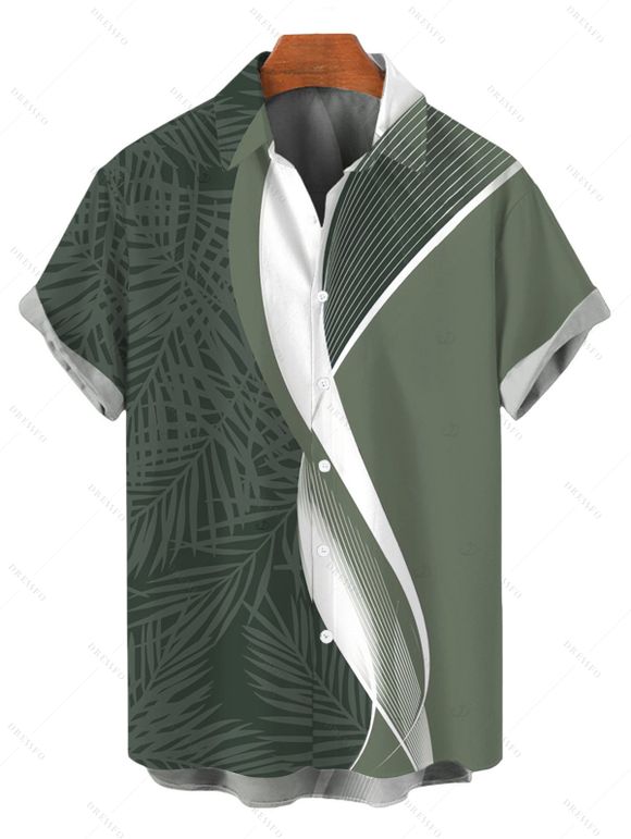 Hawaiian Vacation Couple Outfit Palm Leaf Abstract Curve Line Print Spaghetti Strap Bodycon Dress and Shirt Set - Vert Armée S | US 4
