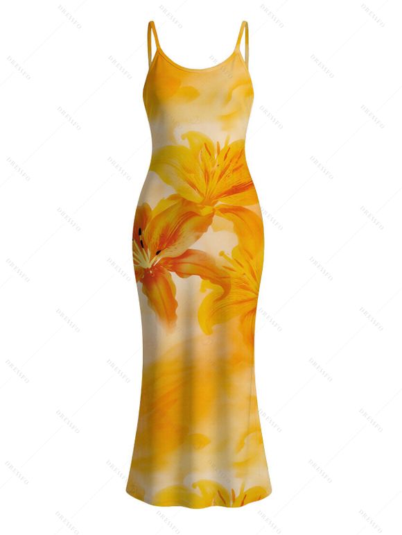 Hawaiian Vacation Couple Outfit Tie Dye Lily Floral Print Spaghetti Strap Bodycon Dress and Shirt Set - Jaune S | US 4