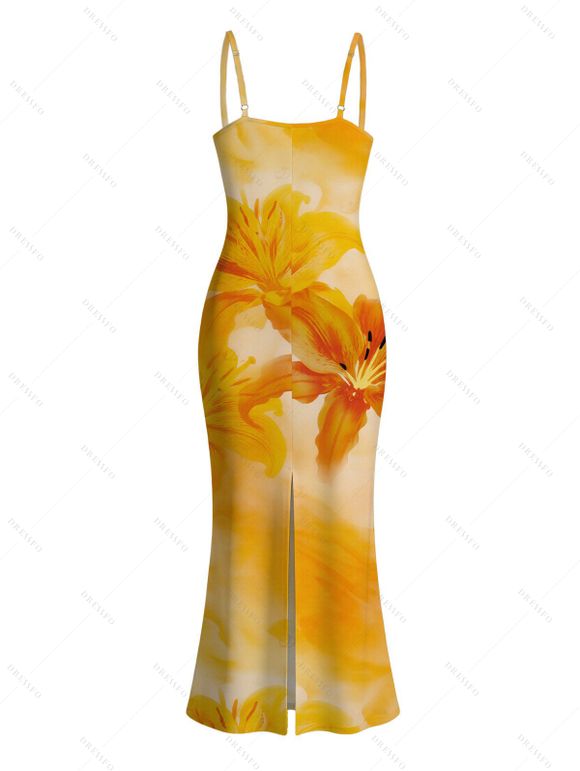 Hawaiian Vacation Couple Outfit Tie Dye Lily Floral Print Spaghetti Strap Bodycon Dress and Shirt Set - Jaune S | US 4