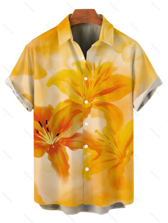 Hawaiian Vacation Couple Outfit Tie Dye Lily Floral Print Spaghetti Strap Bodycon Dress and Shirt Set - Jaune S | US 4