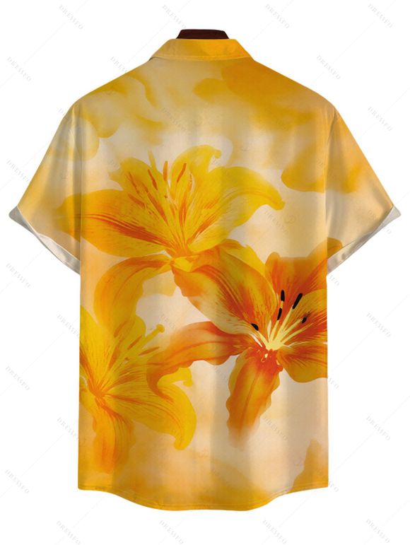 Hawaiian Vacation Couple Outfit Tie Dye Lily Floral Print Spaghetti Strap Bodycon Dress and Shirt Set - Jaune S | US 4