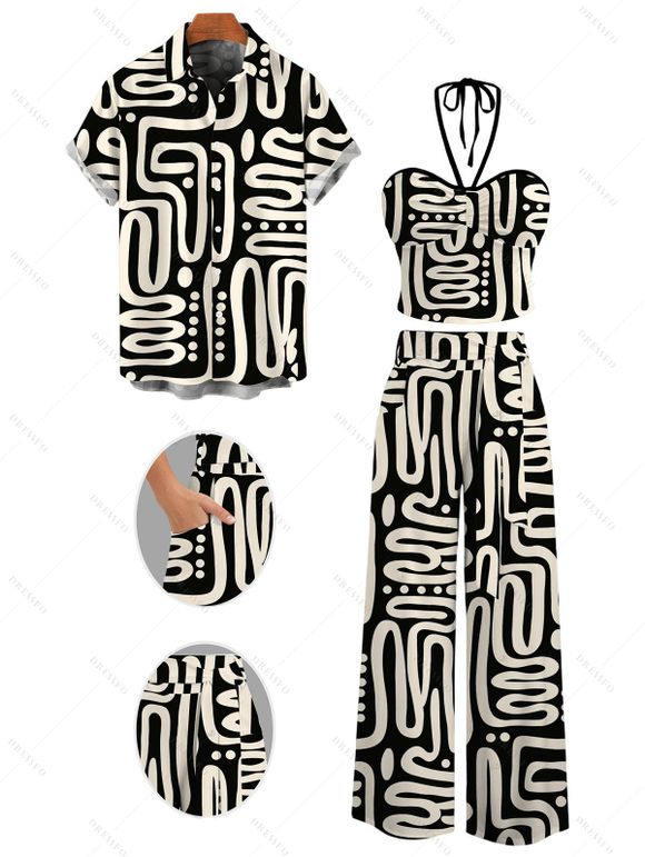 Casual Couple Outfit Abstract Geometric Print Cinched Halter Cropped Tank Top Tied Wide Leg Jumpsuit and Shirt Set - Noir S | US 4