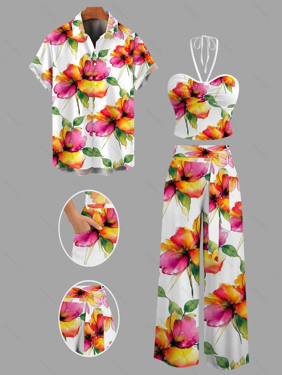 Vacation Couple Outfit Watercolor Floral Print Cinched Cropped Tank Top Tied Pocket Wide Leg Jumpsuit and Shirt Set - multicolor S | US 4