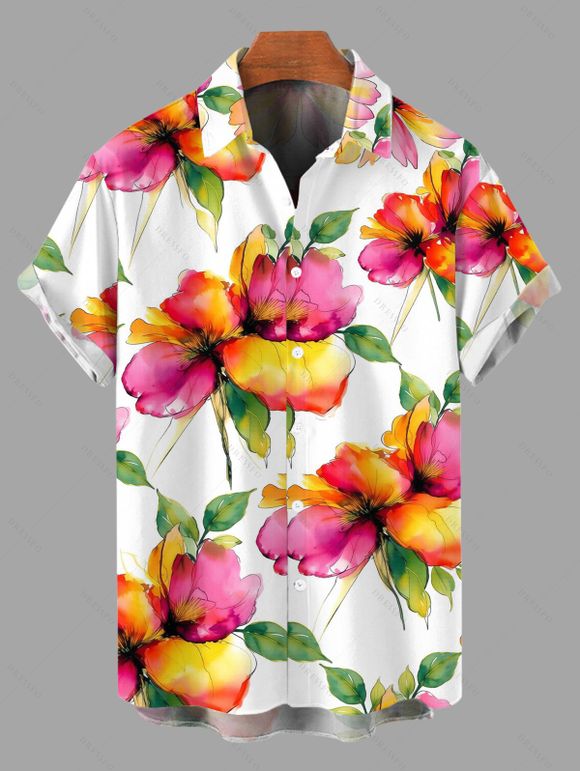 Vacation Couple Outfit Watercolor Floral Print Cinched Cropped Tank Top Tied Pocket Wide Leg Jumpsuit and Shirt Set - multicolor S | US 4