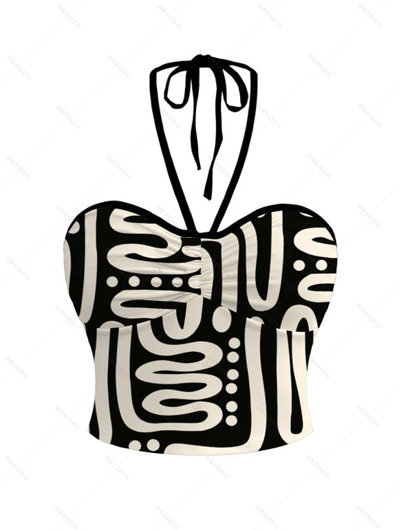 Casual Couple Outfit Abstract Geometric Print Cinched Halter Cropped Tank Top Tied Wide Leg Jumpsuit and Shirt Set - Noir S | US 4
