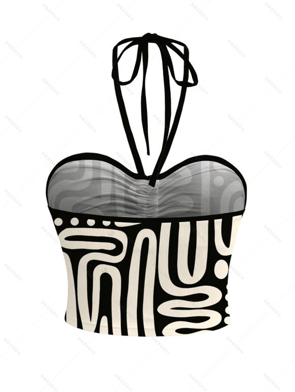 Casual Couple Outfit Abstract Geometric Print Cinched Halter Cropped Tank Top Tied Wide Leg Jumpsuit and Shirt Set - Noir S | US 4