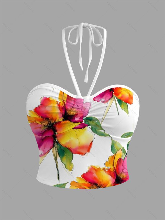 Vacation Couple Outfit Watercolor Floral Print Cinched Cropped Tank Top Tied Pocket Wide Leg Jumpsuit and Shirt Set - multicolor S | US 4