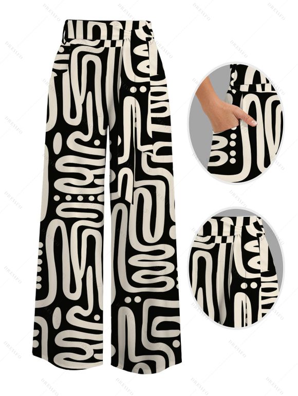 Casual Couple Outfit Abstract Geometric Print Cinched Halter Cropped Tank Top Tied Wide Leg Jumpsuit and Shirt Set - Noir S | US 4