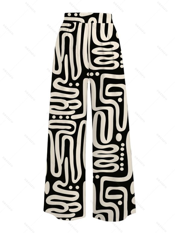 Casual Couple Outfit Abstract Geometric Print Cinched Halter Cropped Tank Top Tied Wide Leg Jumpsuit and Shirt Set - Noir S | US 4