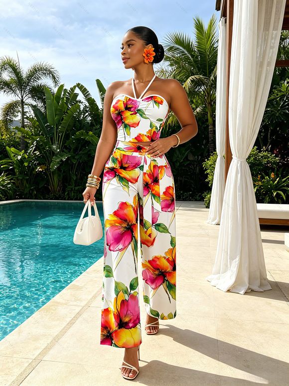Vacation Pants Watercolor Floral Print Tied Pocket Wide Leg Pants - multicolor XXXXXL | US 20