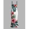 Hawaiian Vacation Couple Outfit Tropical Hibiscus Floral Monstera Leaf Print Spaghetti Strap Bodycon Dress and Shirt Set - PLANT GREEN S | US 4