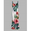 Hawaiian Vacation Couple Outfit Tropical Hibiscus Floral Monstera Leaf Print Spaghetti Strap Bodycon Dress and Shirt Set - PLANT GREEN S | US 4