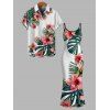 Hawaiian Vacation Couple Outfit Tropical Hibiscus Floral Monstera Leaf Print Spaghetti Strap Bodycon Dress and Shirt Set - PLANT GREEN S | US 4
