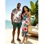 Hawaiian Vacation Couple Outfit Tropical Hibiscus Floral Monstera Leaf Print Spaghetti Strap Bodycon Dress and Shirt Set - PLANT GREEN S | US 4