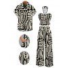 Casual Couple Outfit Abstract Geometric Print Cinched Halter Cropped Tank Top Tied Wide Leg Jumpsuit and Shirt Set - Noir S | US 4