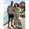 Casual Couple Outfit Abstract Geometric Print Cinched Halter Cropped Tank Top Tied Wide Leg Jumpsuit and Shirt Set - Noir S | US 4