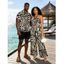 Casual Couple Outfit Abstract Geometric Print Cinched Halter Cropped Tank Top Tied Wide Leg Jumpsuit and Shirt Set - Noir S | US 4