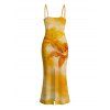 Hawaiian Vacation Dress Tie Dye Lily Floral Print Spaghetti Strap Bodycon Dress - Jaune XXL | US 14