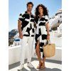 Casual Couple Outfit Monochrome Irregular Geometric Print Button Up Pocket Curved Hem Shirt Dress and Shirt Set - Noir S | US 4