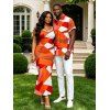 Vacation Couple Outfit Vintage Colorblock Geometric Print Spaghetti Strap Bodycon Dress and Shirt Set - Orange vif S | US 4