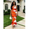 Vacation Couple Outfit Vintage Colorblock Geometric Print Spaghetti Strap Bodycon Dress and Shirt Set - Orange vif S | US 4