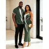Hawaiian Vacation Couple Outfit Palm Leaf Abstract Curve Line Print Spaghetti Strap Bodycon Dress and Shirt Set - Vert Armée S | US 4