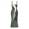 Hawaiian Vacation Couple Outfit Palm Leaf Abstract Curve Line Print Spaghetti Strap Bodycon Dress and Shirt Set - Vert Armée S | US 4